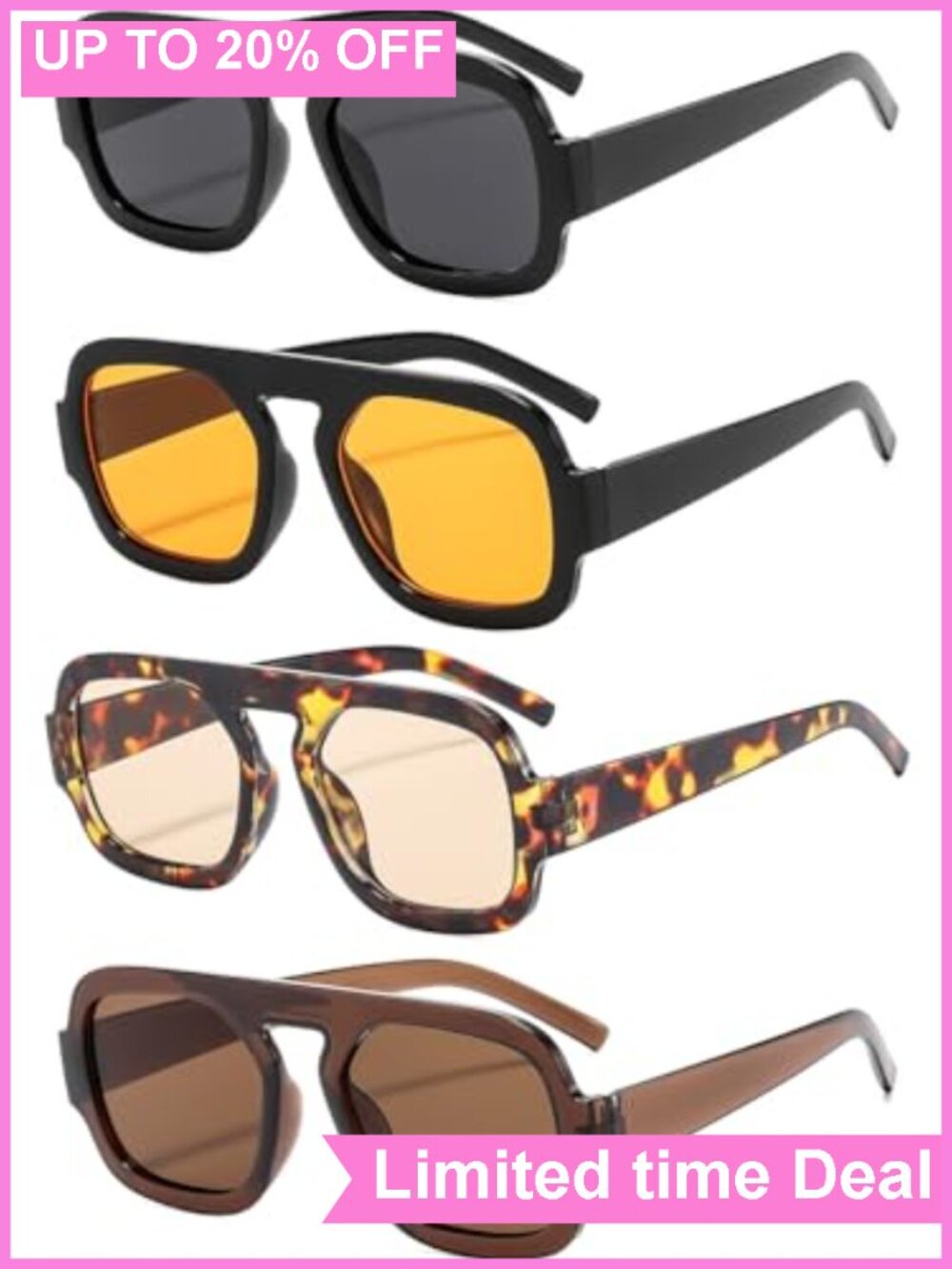 4 Pack Square Aviator Sunglasses Unisex UV400 Acetate 70s Retro